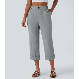 Halara High Waisted Zipper Pocket Cropped Linen-Feel Pants Blue Grey XL Regular